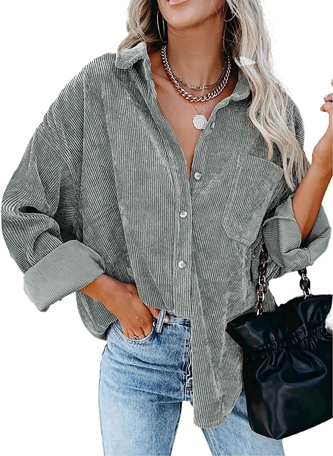 Women Corduroy Long Sleeve Button Down Blouses