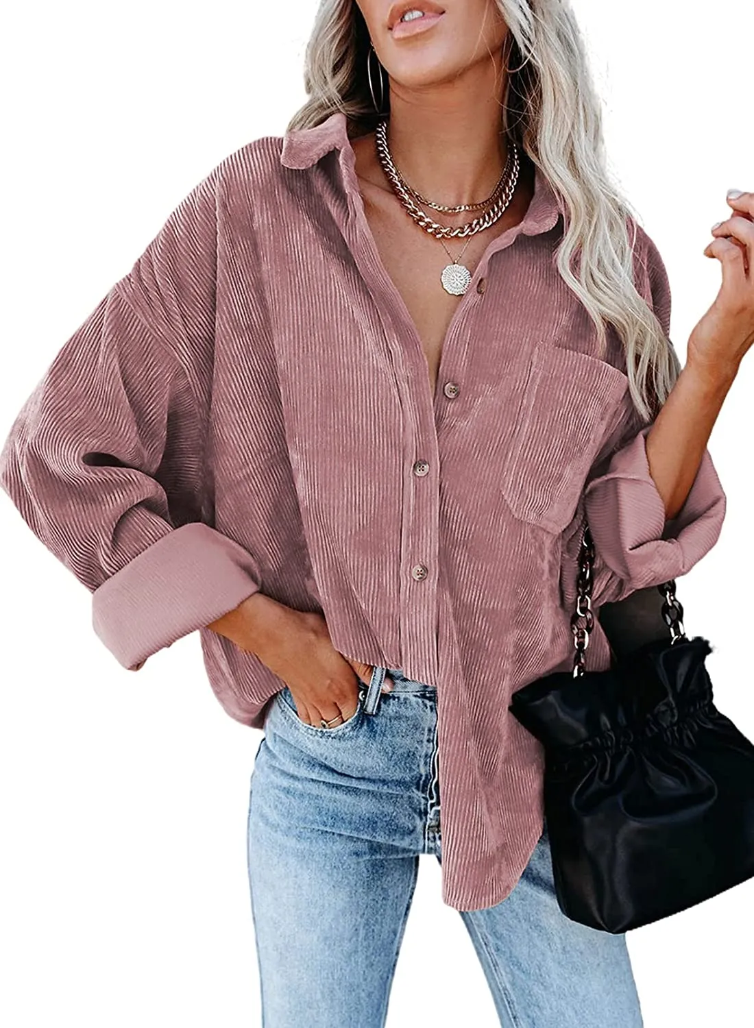 Women Corduroy Long Sleeve Button Down Blouses