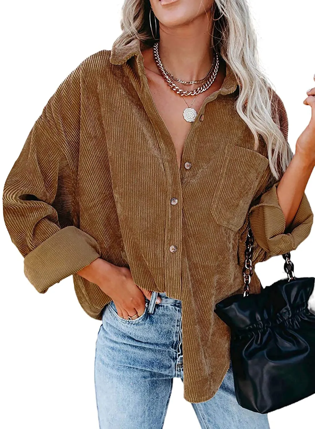 Women Corduroy Long Sleeve Button Down Blouses