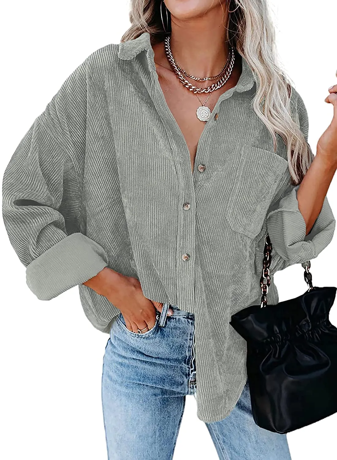 Women Corduroy Long Sleeve Button Down Blouses