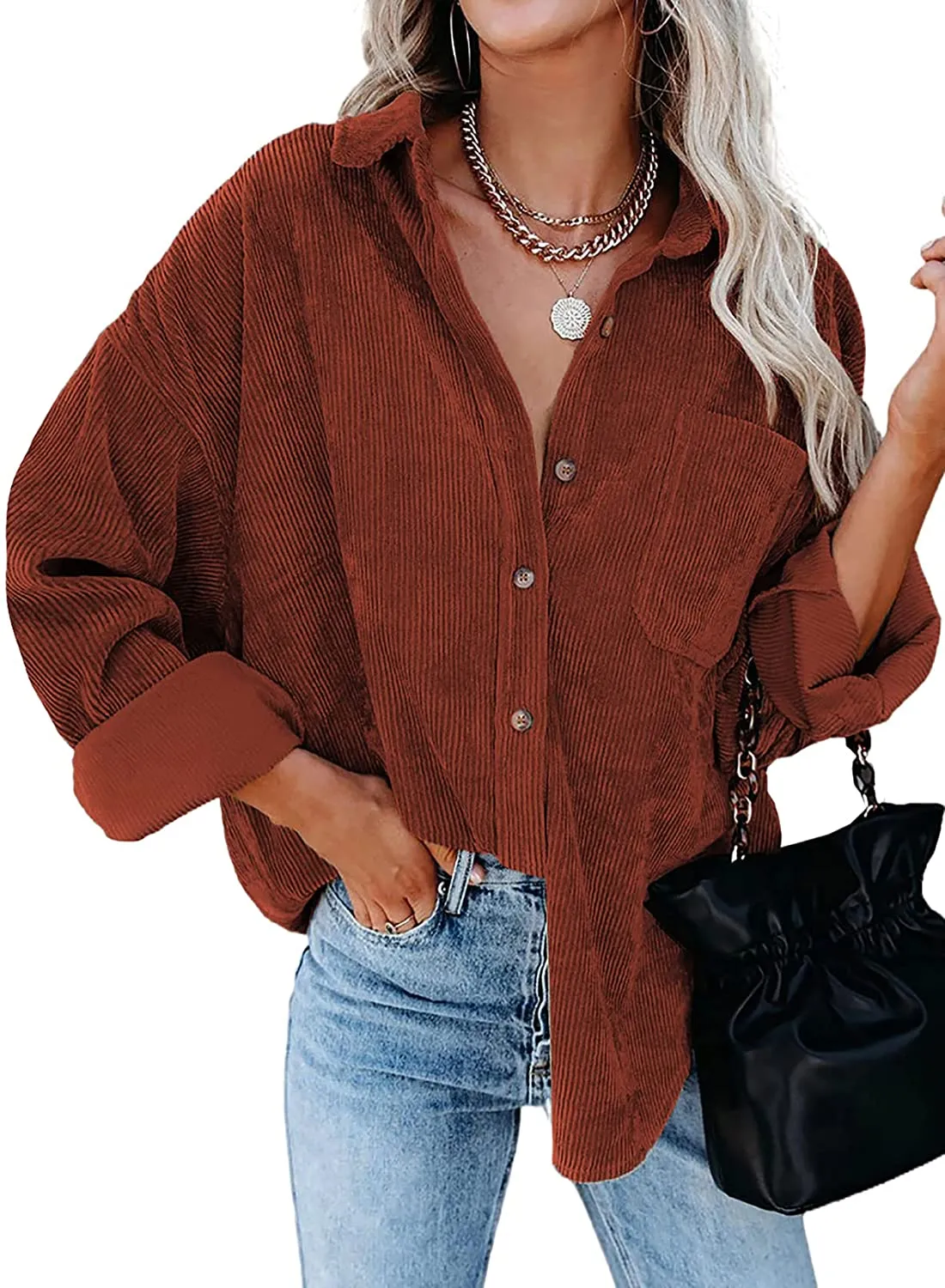 Women Corduroy Long Sleeve Button Down Blouses