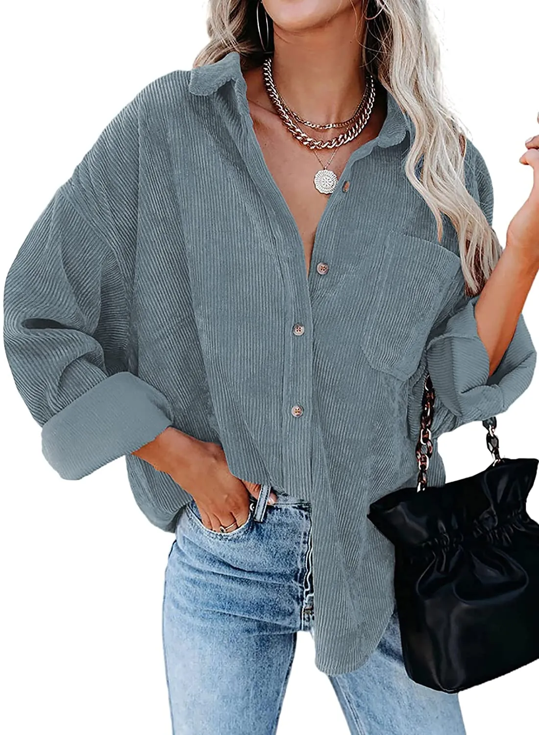 Women Corduroy Long Sleeve Button Down Blouses